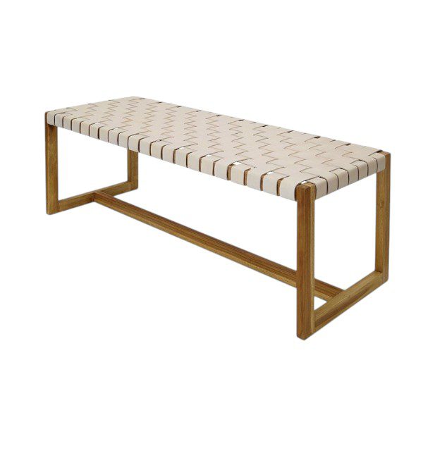 Bella Vintage Teak Bench with Handwoven Leather Seat – Solid Teak Frame