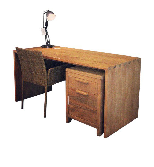 Elegance Teak Writing Desk – Solid teak wood office desk with movable drawer unit, spacious surface, and modern design for home or workspace.