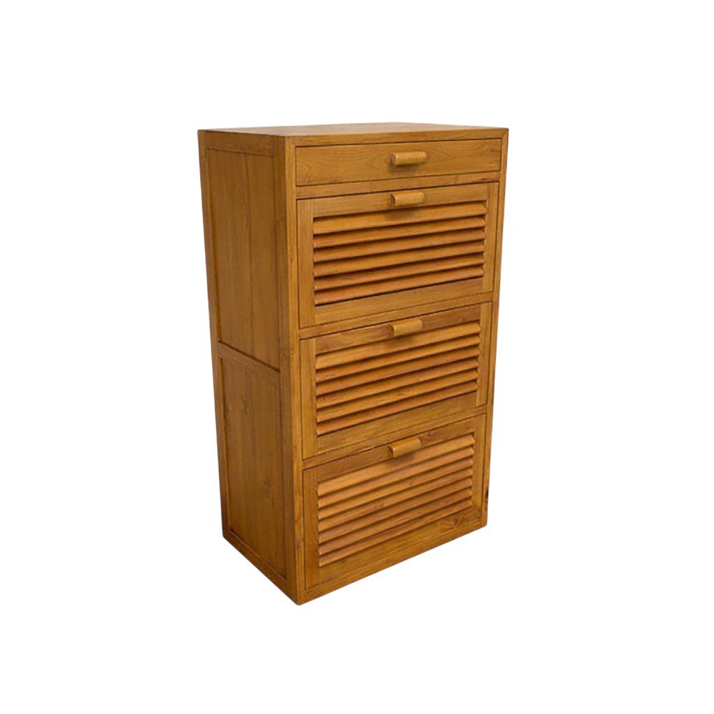 Minimalist Teak Wood Shoe Cabinet with louvered doors in modern entryway