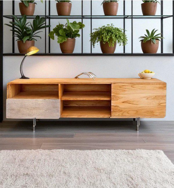 Elegant teak wood TV console with durable construction for stylish living room storage