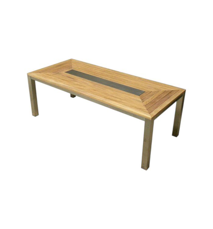 Teak stainless steel outdoor dining table styled in a modern garden patio