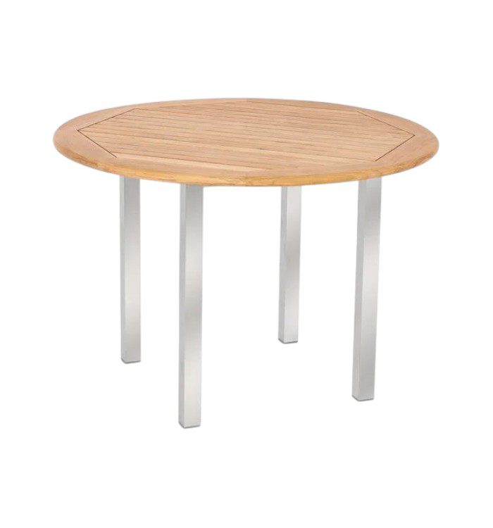 Outdoor gathering table with teak wood top and stainless steel base