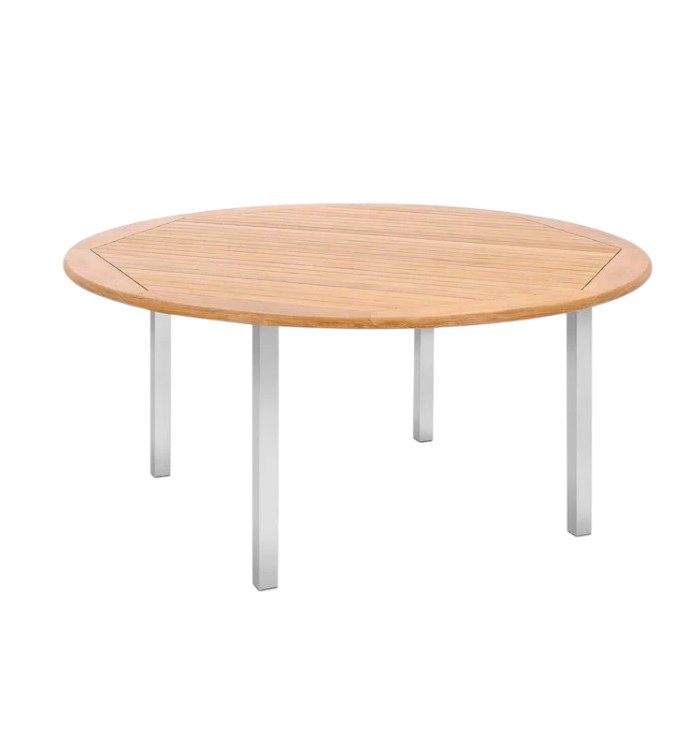 Siro round dining table with teak top and stainless steel base