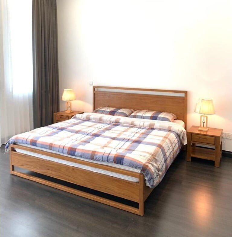 Scandinavian style solid teak wood bed with minimalist design