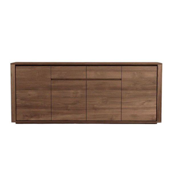 Bedford Teak Cabinet with natural grain and knots, featuring two drawers and four doors