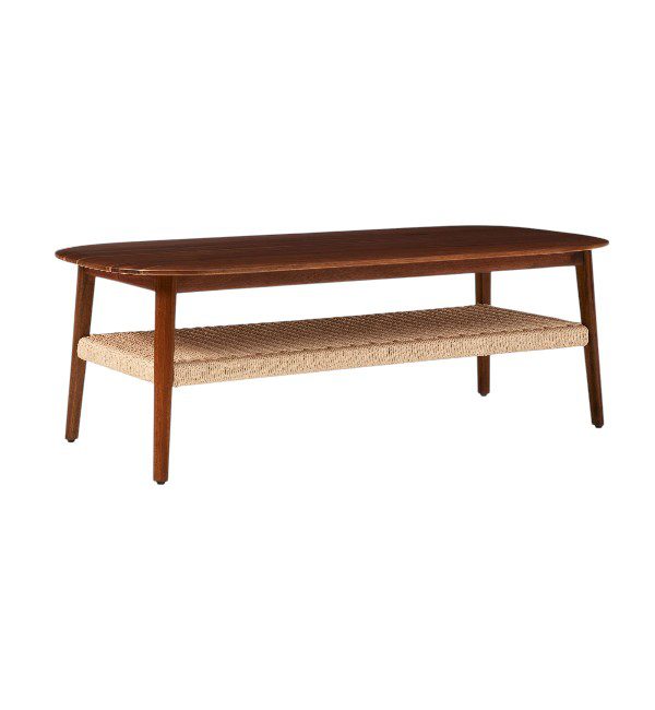 Rectangular Teak Coffee Table with Woven Shelf - Solid Wood & Handwoven Storage