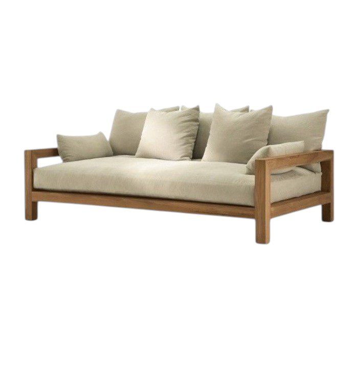 Stylish teak daybed with plush cushioning in a modern living room