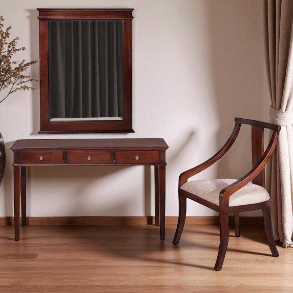 Minimalist teak wood dresser set with three drawers, mirror, and matching chair for modern bedroom décor.