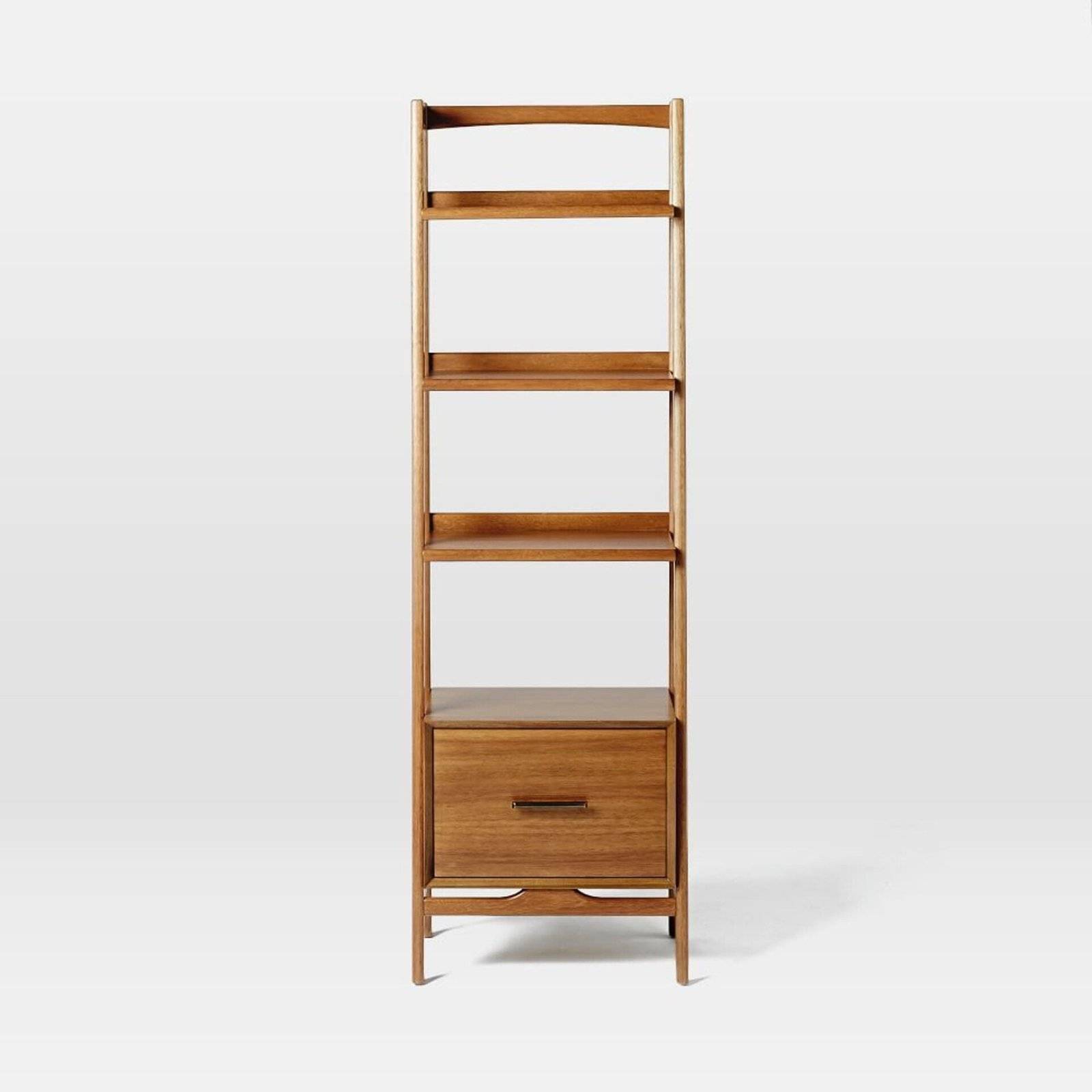 Mid-century narrow teak wood bookshelf with slim legs and beveled edges, inspired modern design