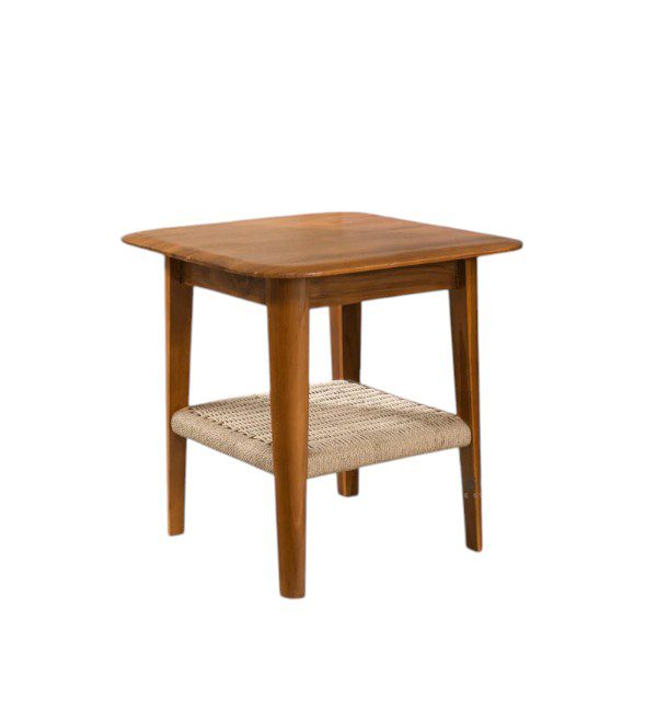 Teak Side Table – Solid Wood Bedside Table with Woven Rattan Shelf