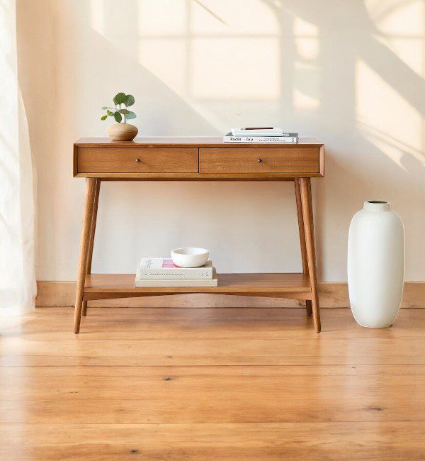 Mid-Century Teak Console Table with Drawers and Lower Shelf