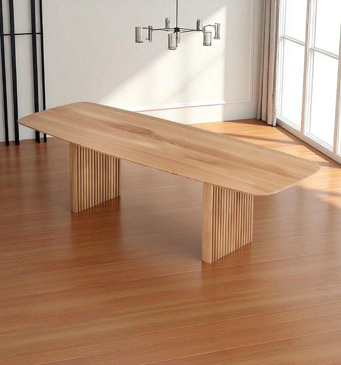 Modern teak wooden dining table with fluted pedestal base