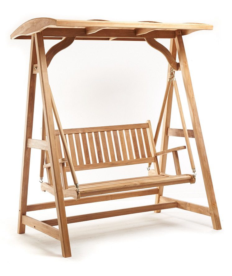 Outdoor teak garden swing with canopy, weather-resistant wooden swing bench for patio and backyard