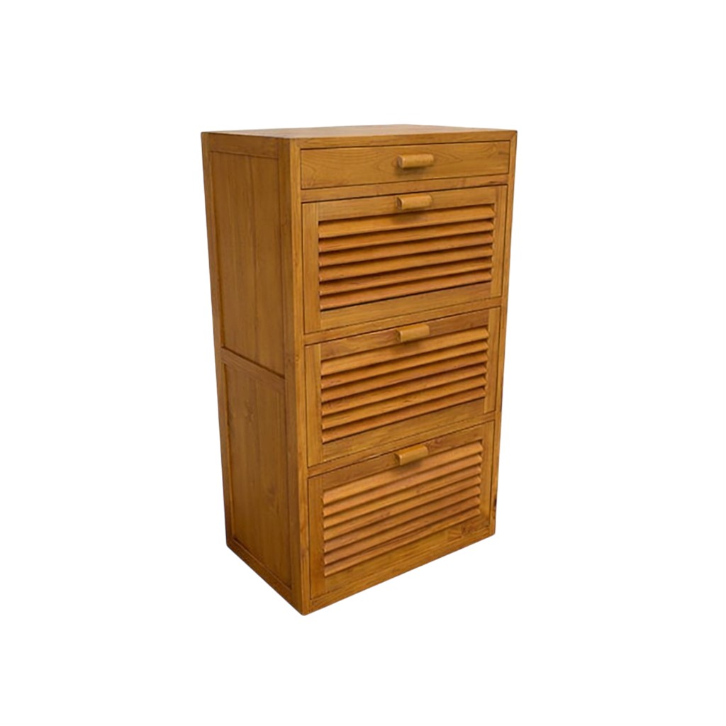Minimalist Teak Wood Shoe Cabinet with louvered doors in modern entryway