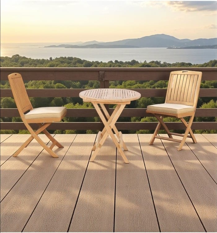 Teak picnic round folding table 70 cm with Denver folding chair for outdoor dining