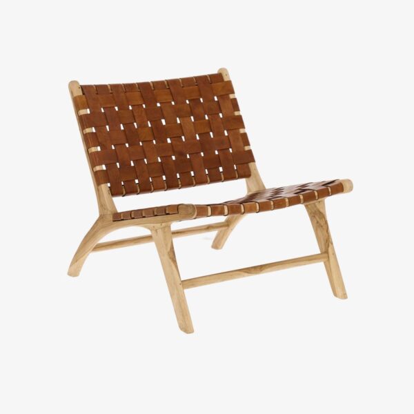Teak Leather Lounge Chair with handwoven seat