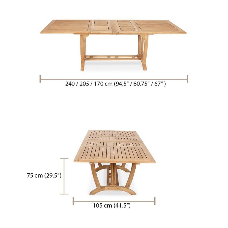 Dimension view of rectangular teak extension table for garden or patio