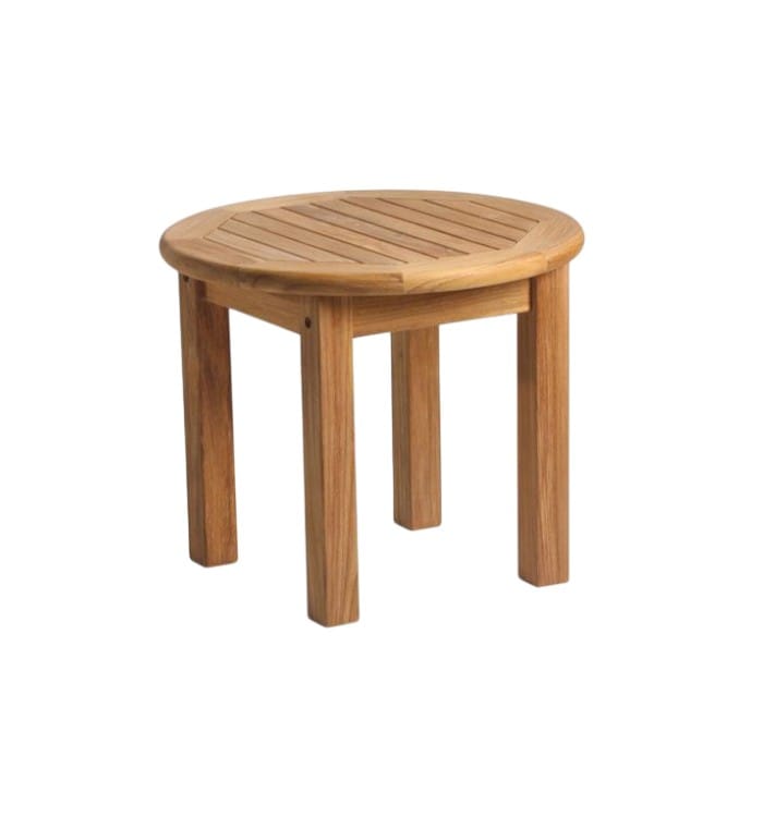 Teak Round Side Table made from solid teak wood, featuring a smooth round top and compact outdoor design