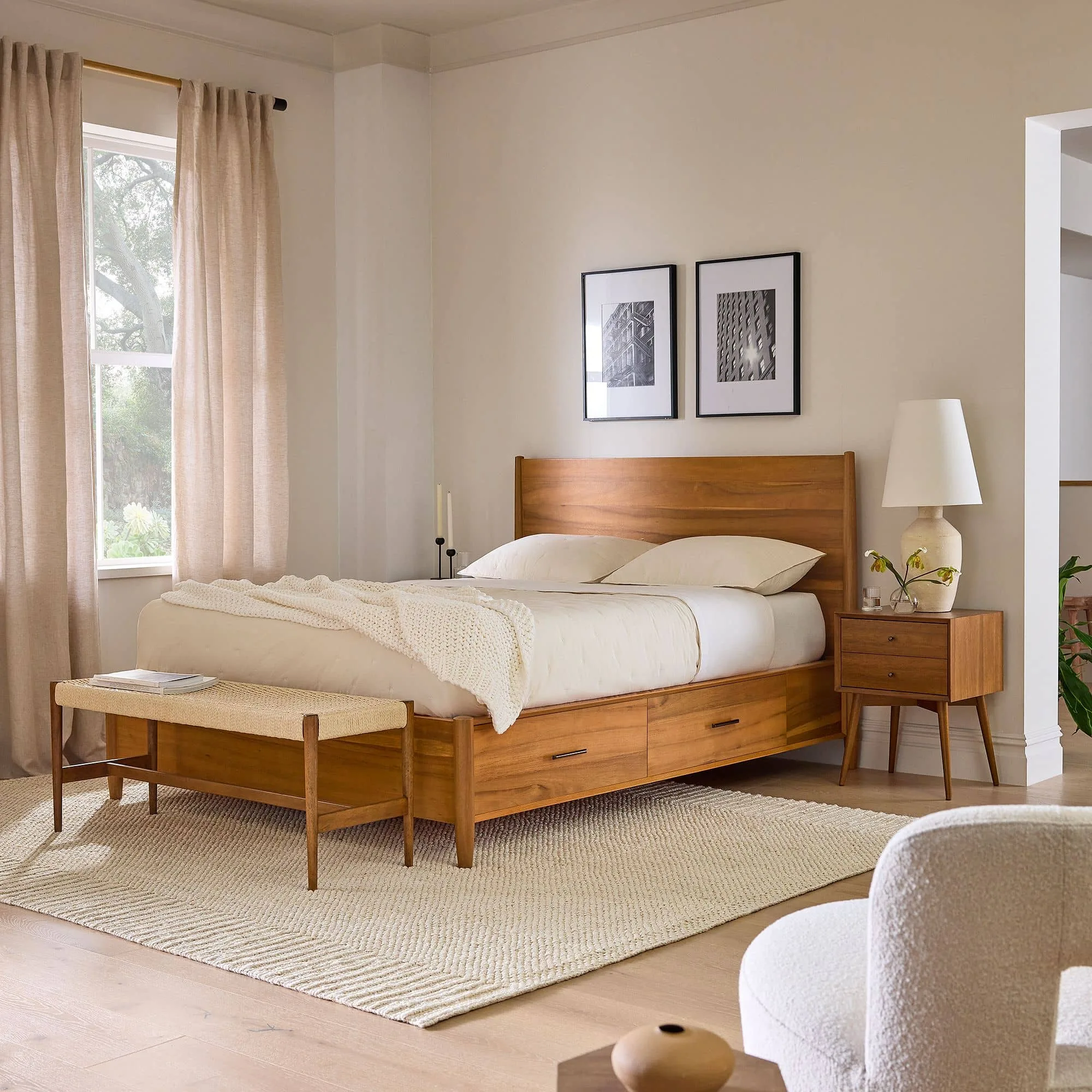 Teak mid-century bed with classic design, featuring rich wood grain and tapered legs. Perfect for adding a touch of vintage charm and sophistication to modern and retro-inspired bedrooms