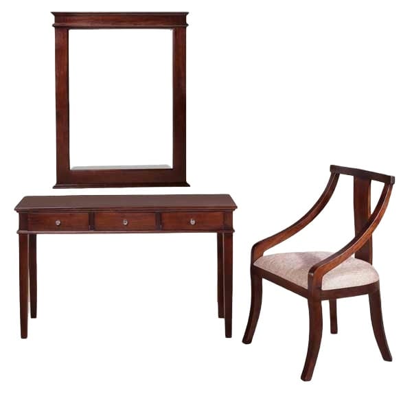 teak wood dresser set with three drawers, mirror, and matching chair