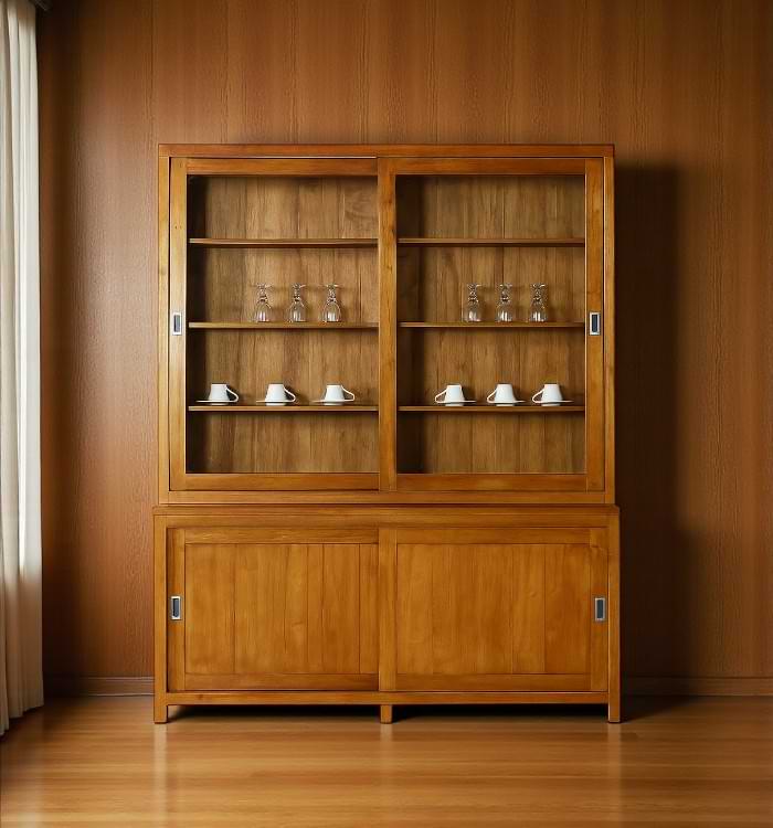 Solid Teak Wood Display Cabinet with glass sliding doors, featuring natural wood grain texture, spacious shelves for displaying cups and glassware, and lower storage compartments for convenience.