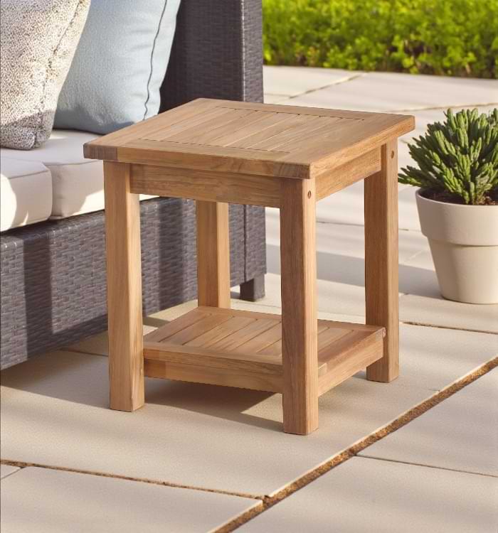 Teak square outdoor side table with bottom shelf, Grade A teak, durable and weather-resistant for patio and garden use