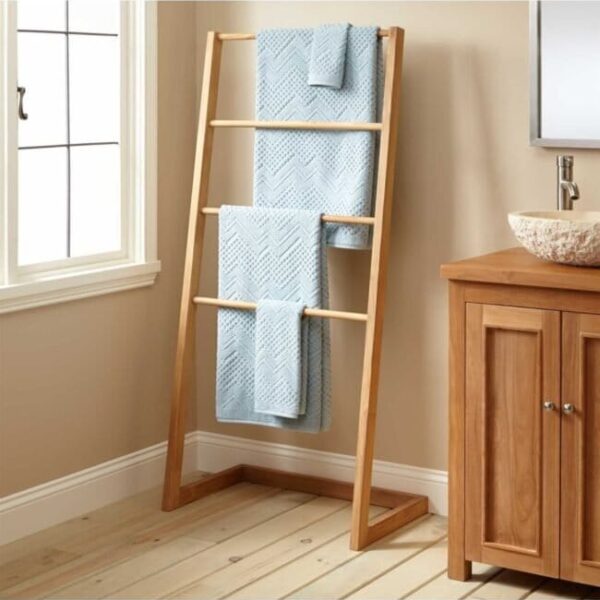 Teak Towel Stand with Unique Angled Design, handcrafted from high-quality teak wood