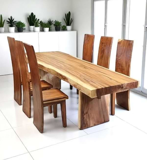 suar wood dining table thick solid top and high back chairs