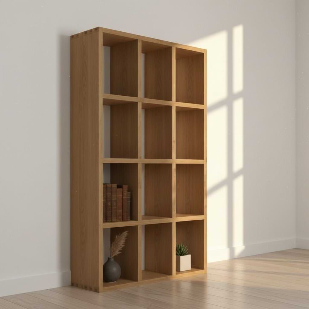 Solid teak light frame bookshelf with slim modern design