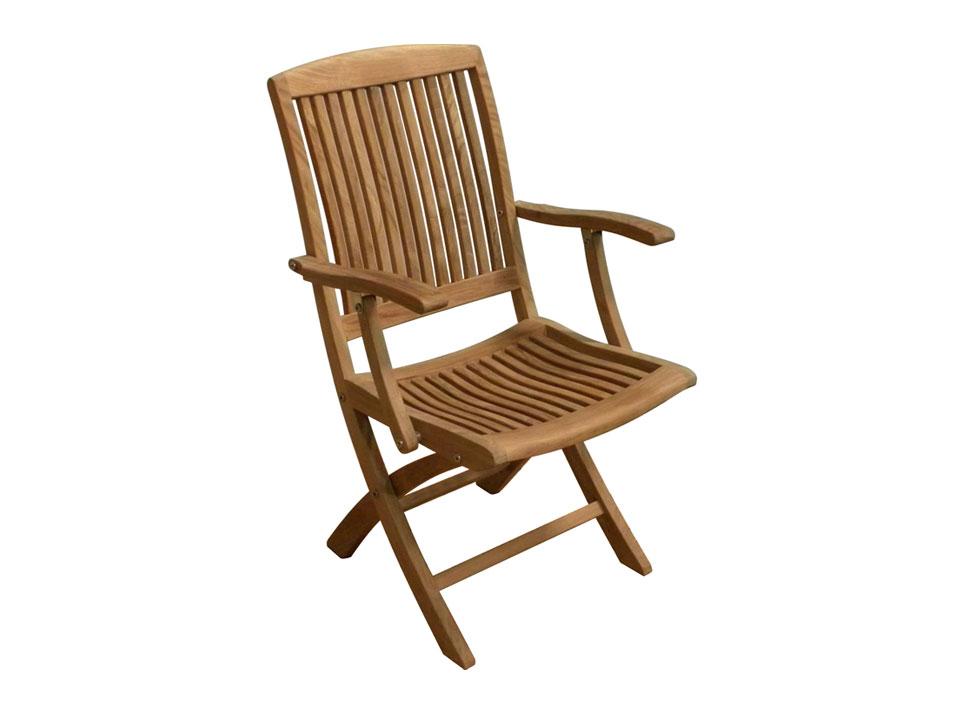 Teak wood arm chair folded for storage on patio