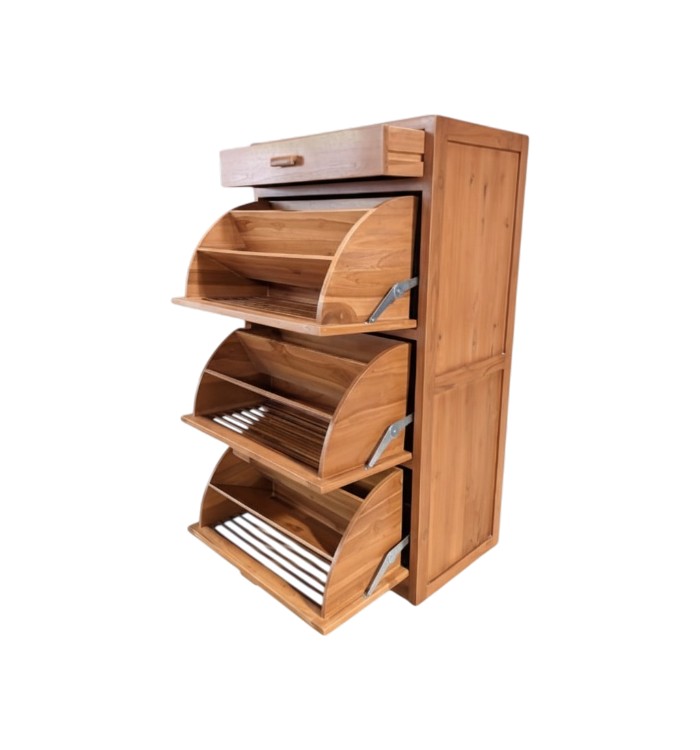 Modern teak cabinet with simple wooden handles for shoe storage