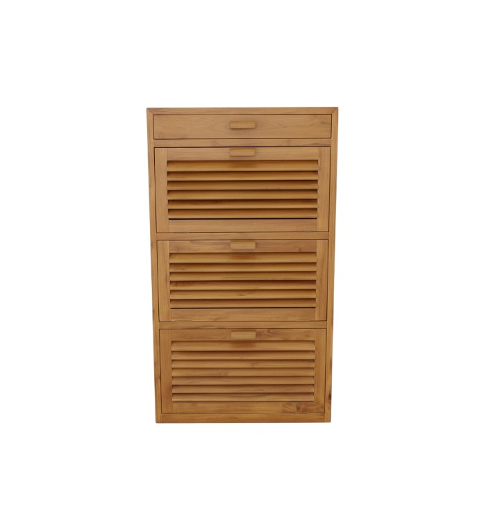Solid teak wood shoe cabinet with multiple compartments and warm finish