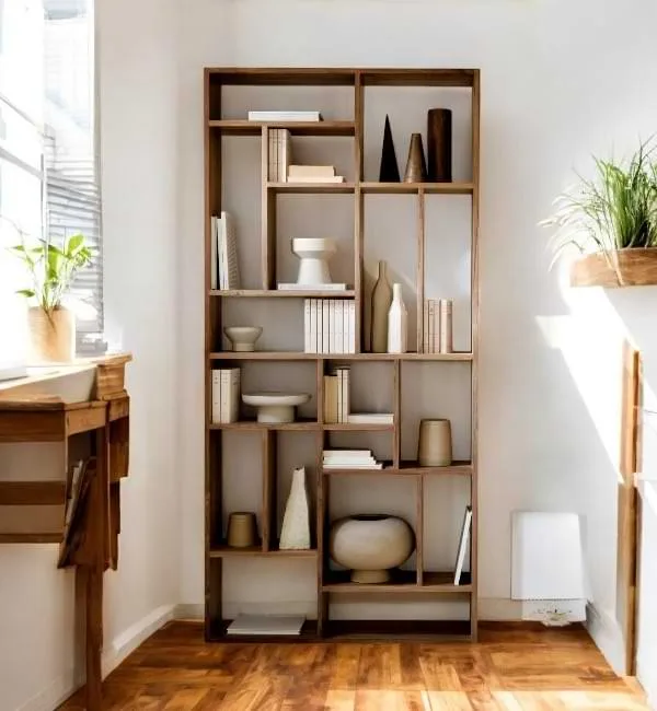 Detailed view of the high-quality teak wood used in the modern teak bookshelf, highlighting its durability.