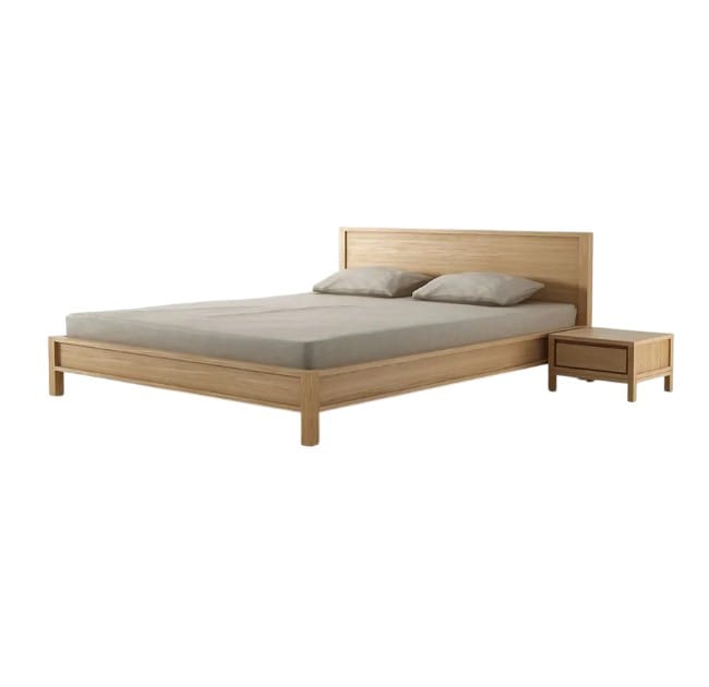 modern teak wood bed frame Malaysia with wooden headboard and low profile