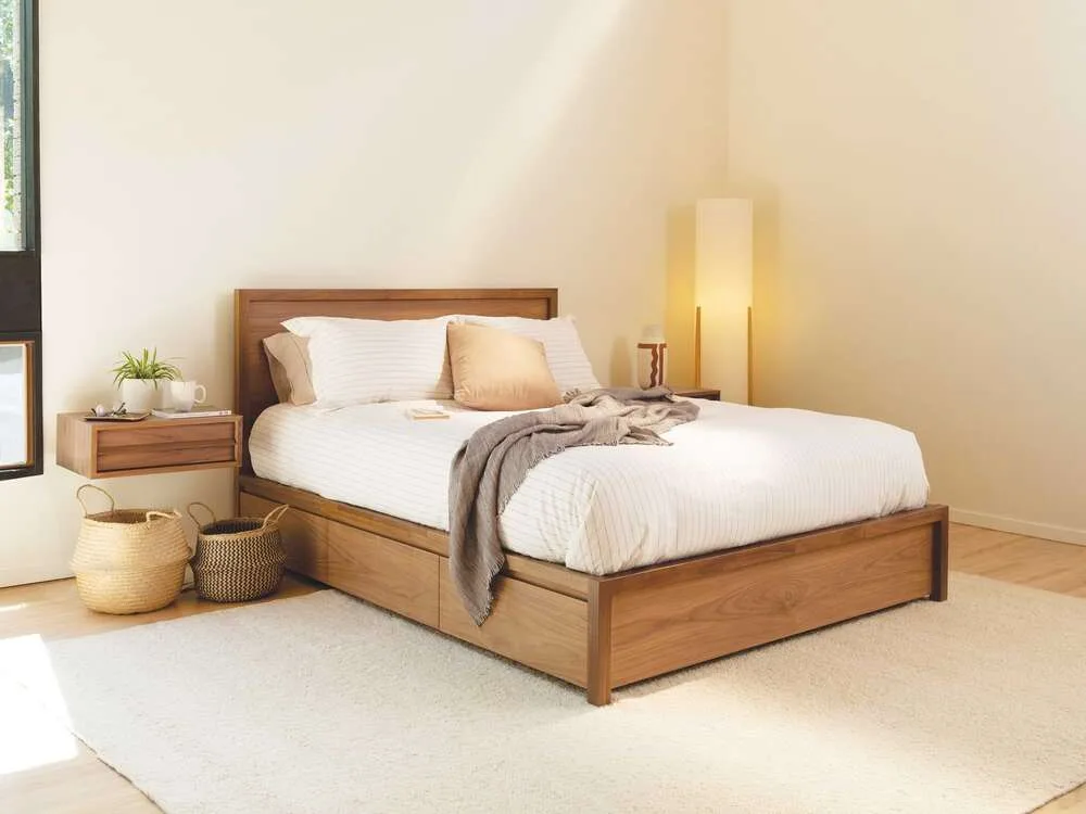 Modern teak drawer bed frame with drawers, minimalist design, and spacious underbed storage