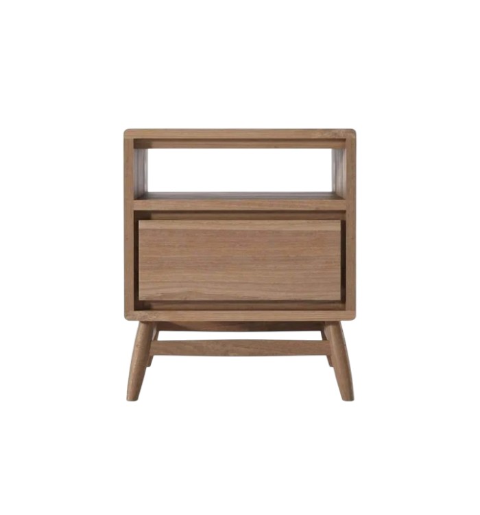 Twist Teak Wood Side Table with open shelving and angled legs, showcasing a minimalist modern design.
